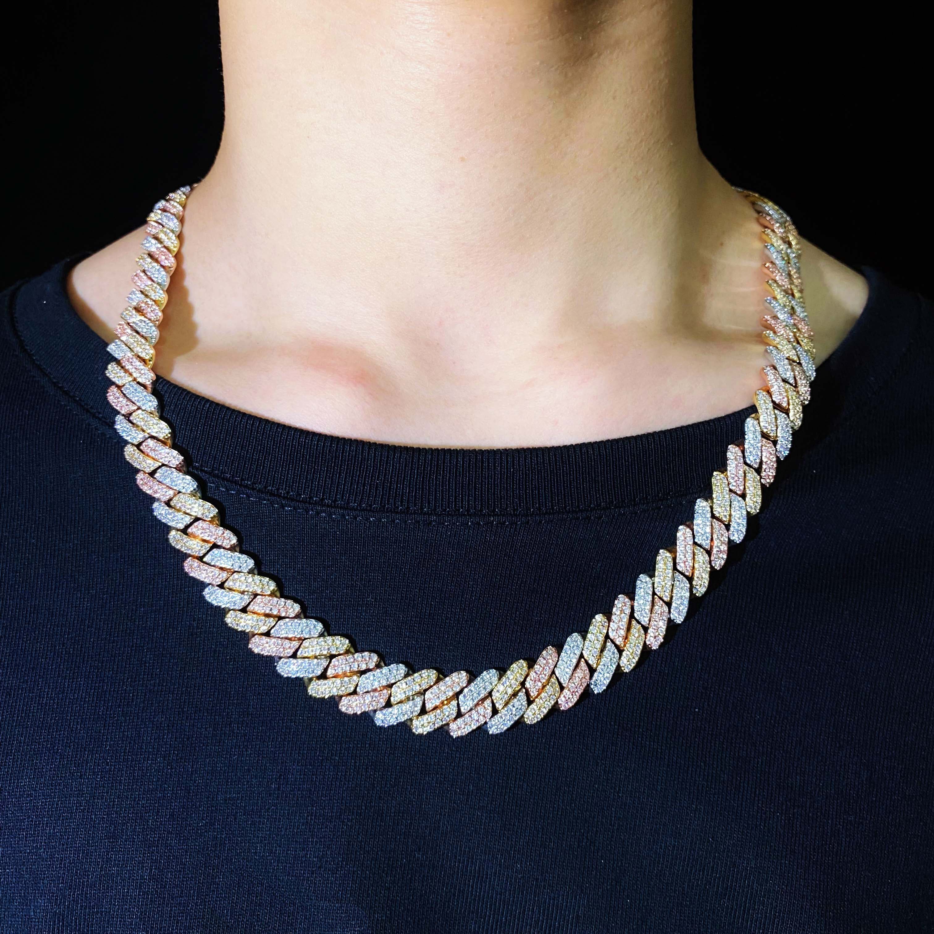 12mm Tri-color Diamond Prong Cuban Chain