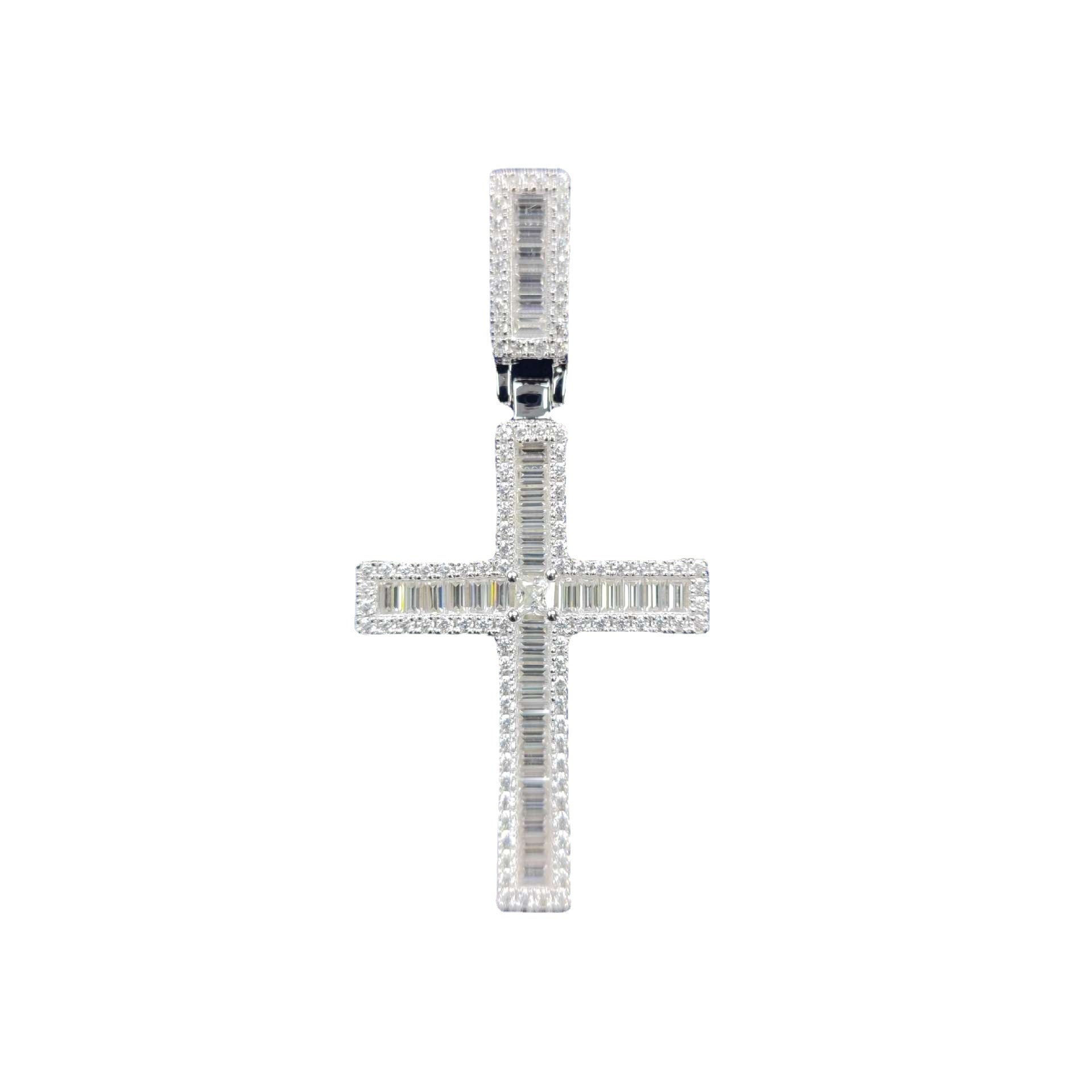 925 Silver Diamond Moissanite Baguetter Cross Pendant
