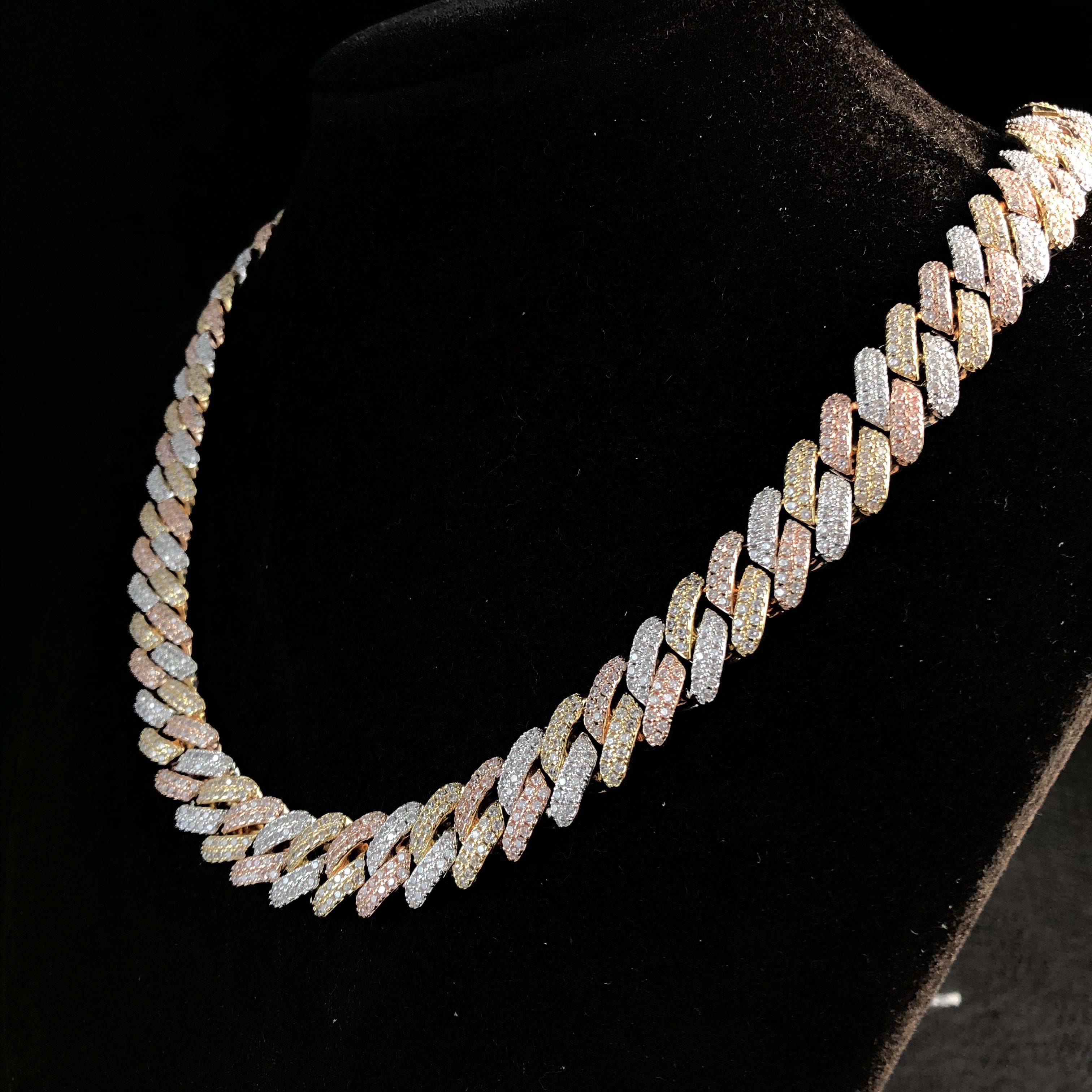 12mm Tri-color Diamond Prong Cuban Chain