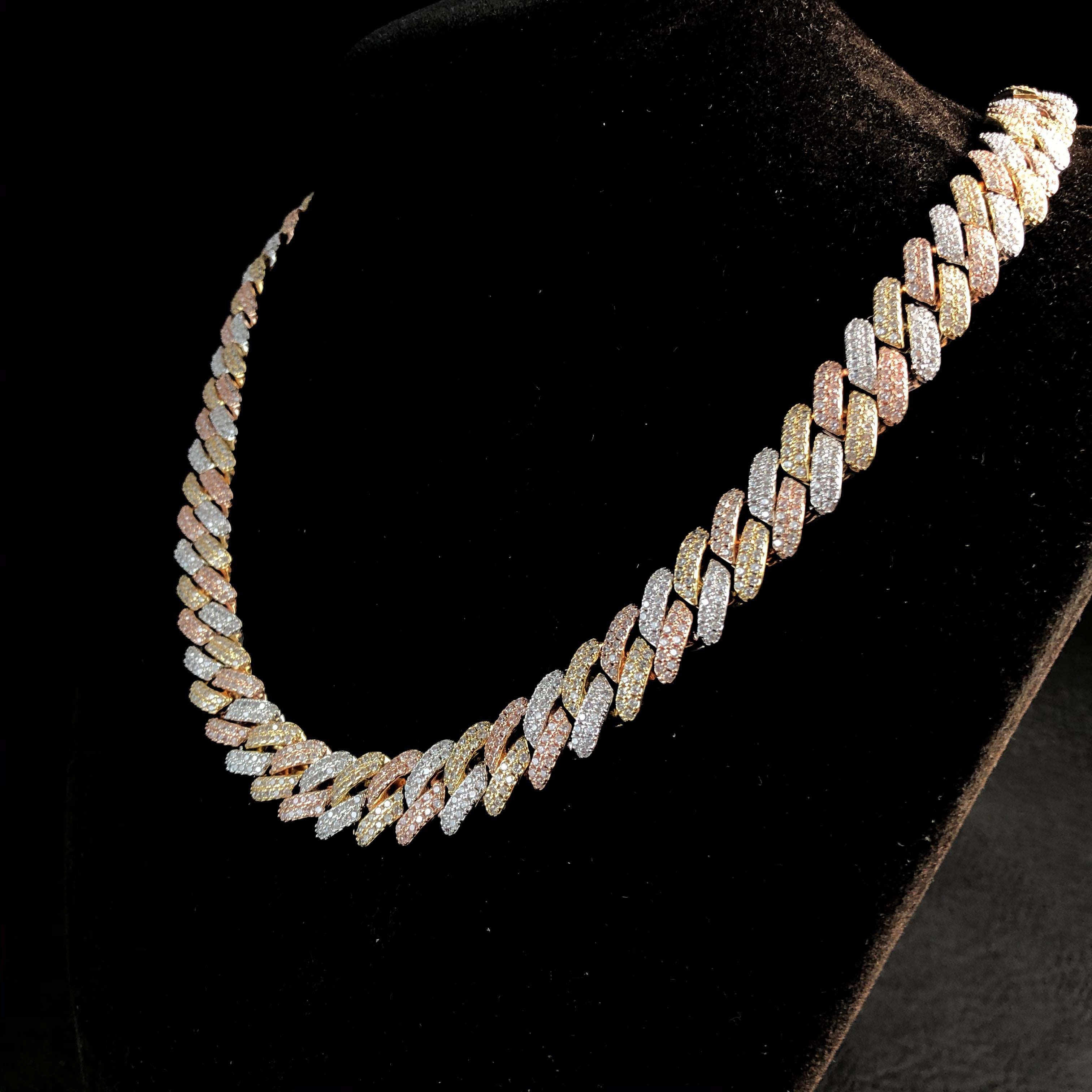 12mm Tri-color Diamond Prong Cuban Chain