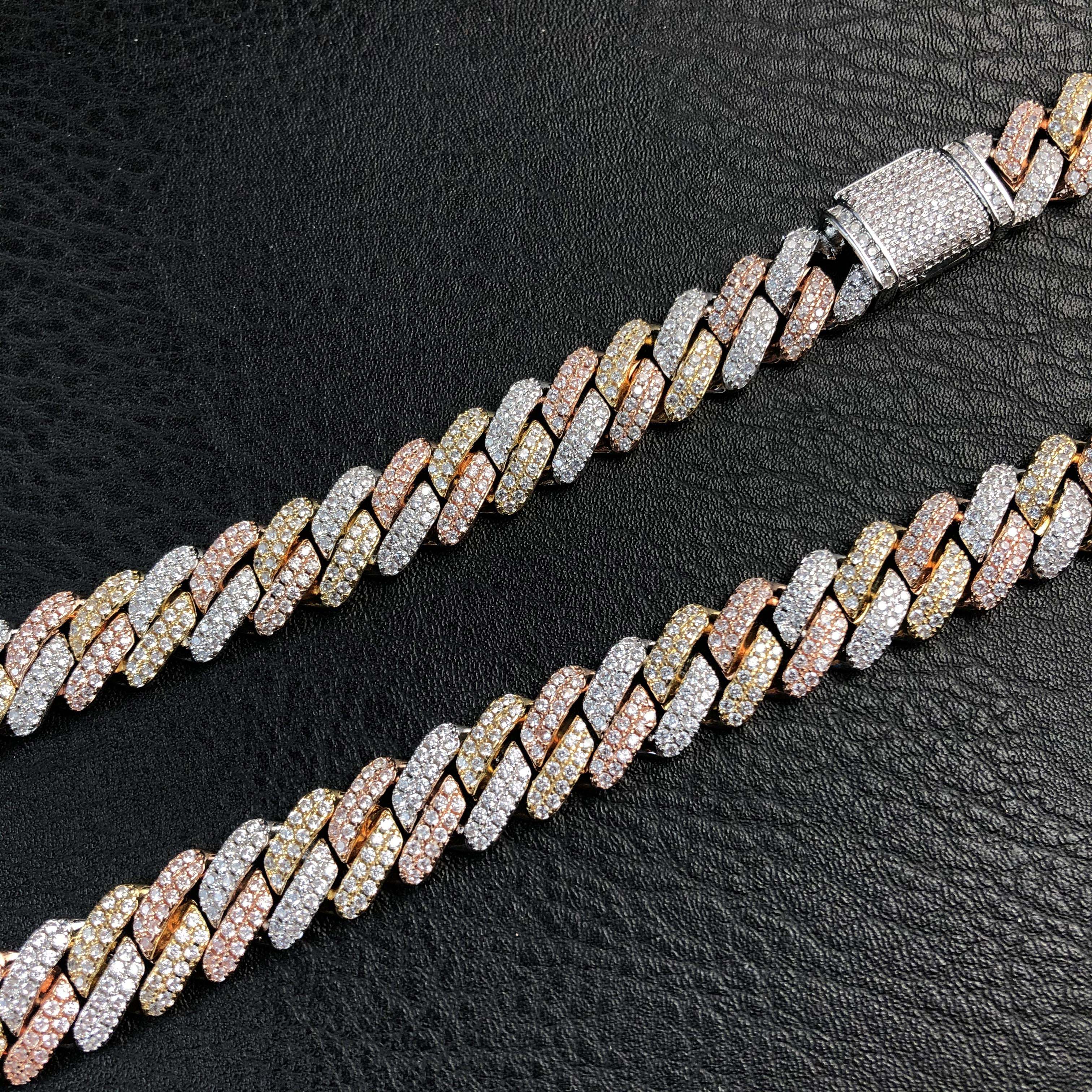 12mm Tri-color Diamond Prong Cuban Chain