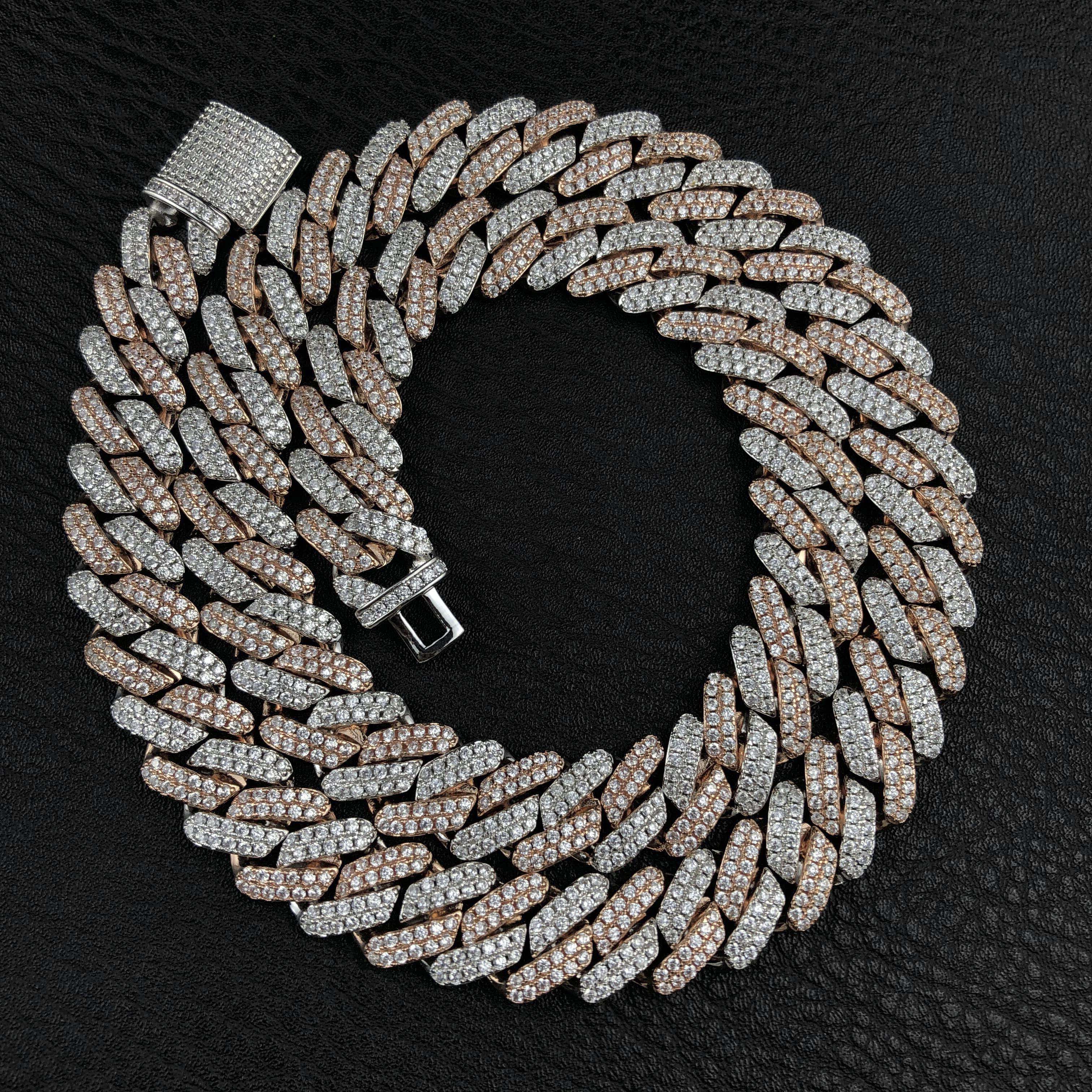 12mm 2 color Diamond Prong Cuban Chain