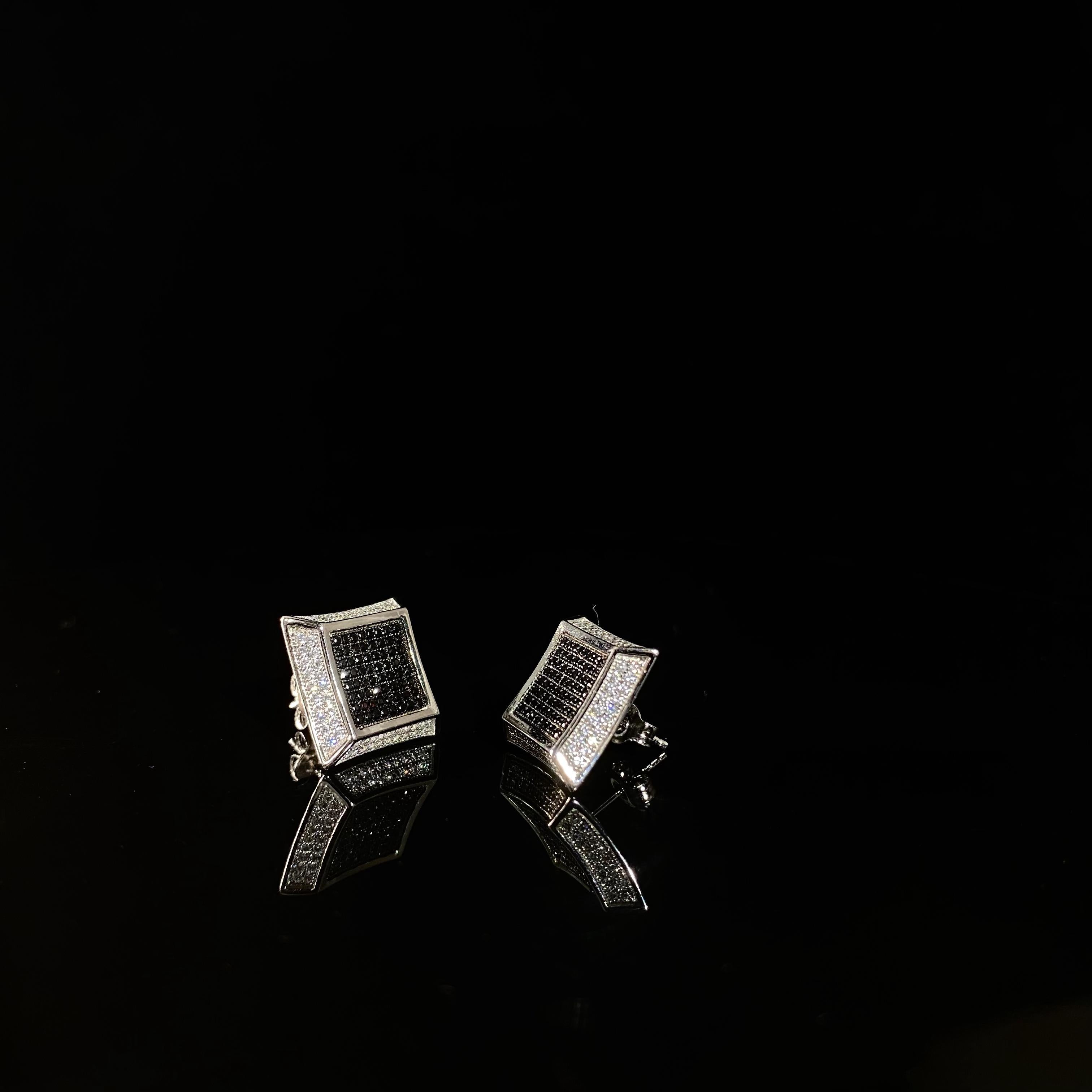 925 silver square Black Rhinestone Earrings - pair