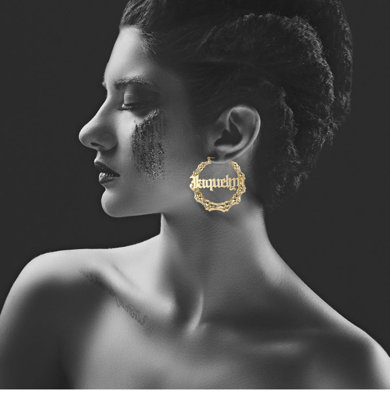 Custom name round women's Bamboo Earrings